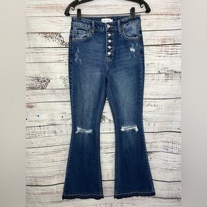 CELLO High Rise Button Fly Flare Raw Hem Distressed Jeans Size 3